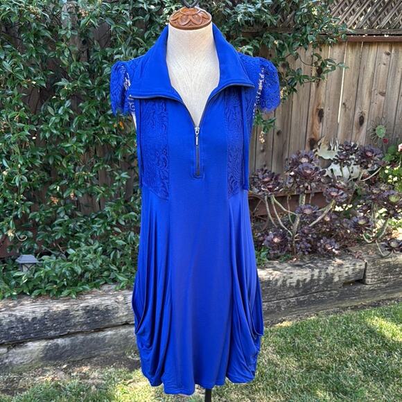 Kensie Collard Zip Drape Pocket Dress Lace Details Indigo Blue Women's Medium - Picture 1 of 8
